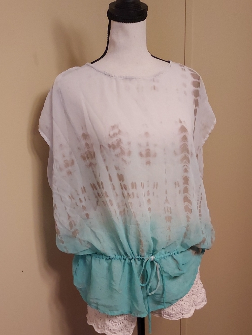 Buffalo David Bitton White to Teal Ombre Tie-Dye Blouson Top